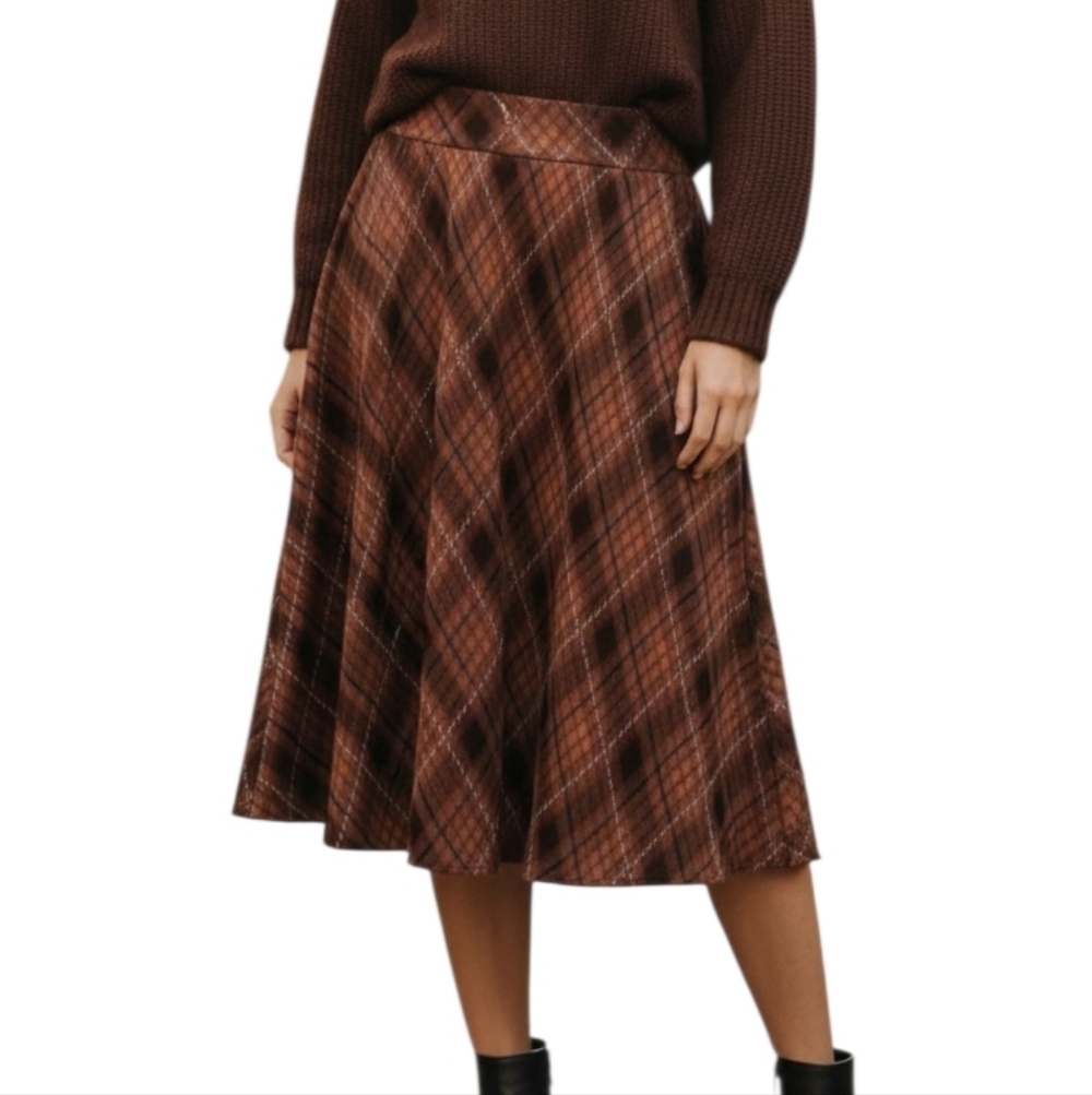 ​Vintage 70s Plaid A-Line Midi Skirt Brown Orange Tartan Woven S